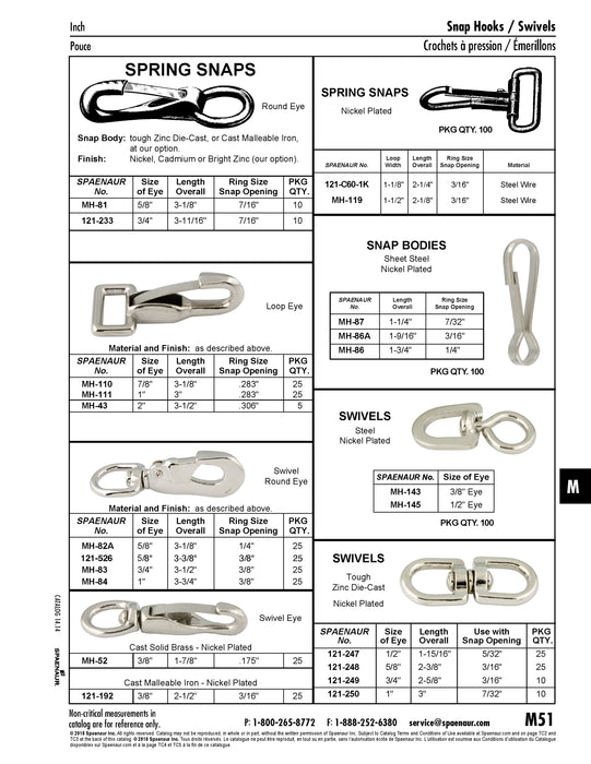 Spring Snap, Loop Eye 2 1/8" O/A L, 3/16" Snap Opening, for 1" Strap Steel Wire, Nickel Plated