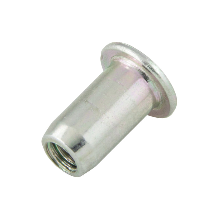 Flat HD Rivet Nut Open End Keyless 1/4"-28 UNF x 0.200-0.260" Grip Steel Cad Plated