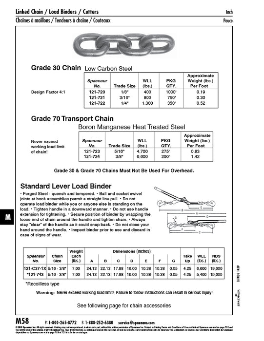 Load Binder, Lever Type Maximum Chain Size 5/16"-3/8" Load Capacity 6,600 Lbs forged Steel, Heat Treated