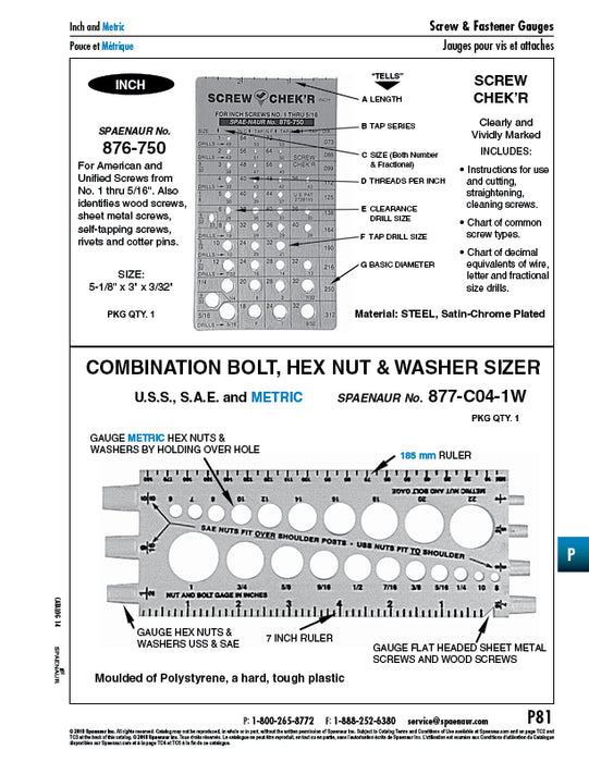 « Vis Chek'R » pour dimensions en pouces de #1 à 5/16", en acier chromé satiné, fabriquée par Spaenaur Inc.