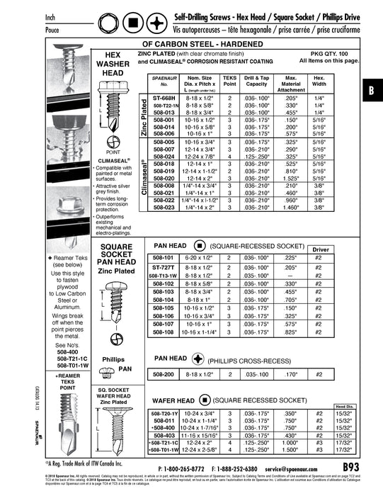 Teks Point 2 Self-Drilling Screw, Hex Washer Head, #8-18 x 1/2" Length, Carbon Steel Zinc Plated Chromate