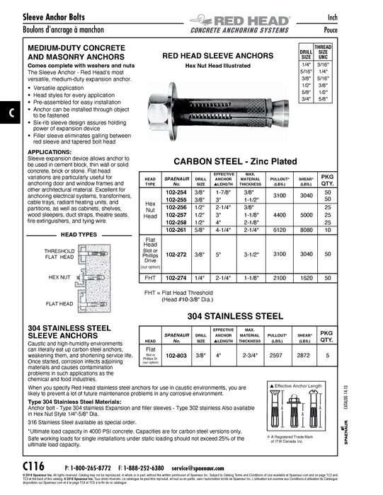 Hex Head Sleeve Anchor, Red Head®, 3/8" x 1-7/8" Effective Length, Carbon Steel, Zinc Plated