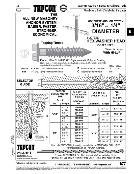 Tapcon Anchor Concrete Screw, Slotted Drive, Hex Washer Head, Hi-Lo Thread, 3/16" Dia x 1-1/4" Length, C1022 Steel Blue CLIMASEAL®