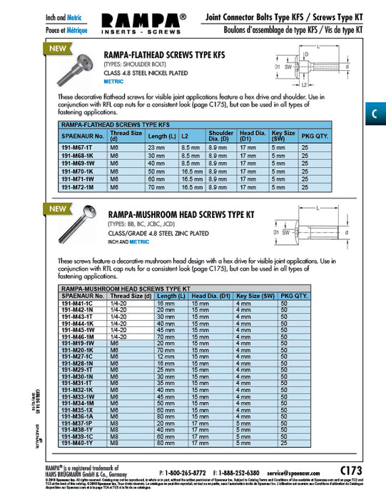 Rampa Mushroom Head Screws Type Kt with Hex Drive, 15 mm OD Mush HD M6 x 40mm LGTH Class 4.8 Steel Zinc Plated