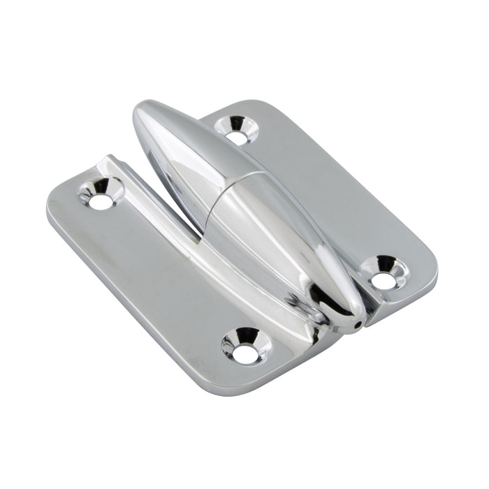 Charnière « Block » pour portes décalées, taille moyenne (longueur totale 76 mm), trous taraudés M6 x 7,5 mm (2 moitiés, moitié inférieure avec goupille fixe), finition chrome en zinc moulé sous pression par Spaenaur Inc.