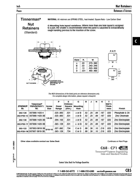 Dispositif de retenue d'écrou 1/4"-20 UNC, épaisseur de panneau : 0,025" à 0,063", en acier à ressort, traité au phosphate et huilé, par Spaenaur Inc.