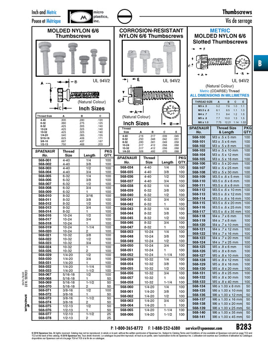 Thumb Screw, Knurled, Slotted #6-32 UNC x 1/2" Molded Nylon 6/6(Ul94V2) Natural