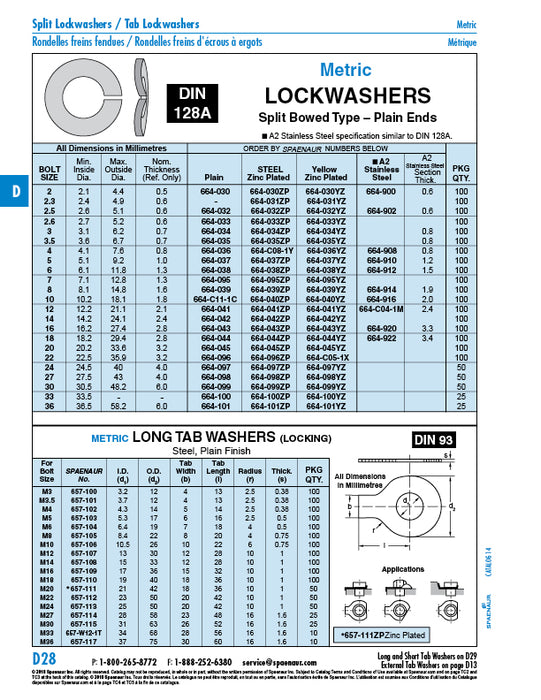Bowed Split Lockwasher Metric M8 (1.9mm THK +/-.2mm) A2 Stainless Steel Plain Similar to DIN 128A by Spaenaur Inc.