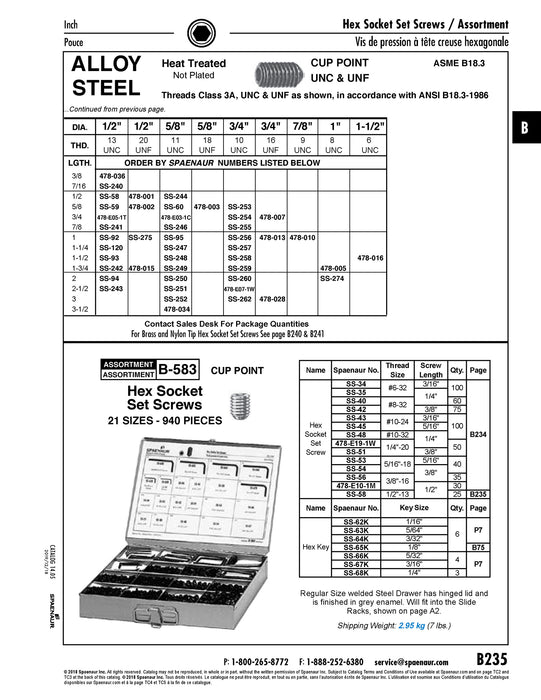 Hex Socket Set Screw Cup Point 1"-8 UNC x 2" LG Alloy Steel Heat Treated Plain ANSI B18.3-1986 by Spaenaur Inc.