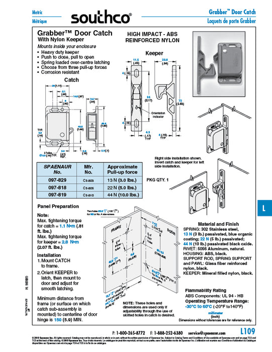 "GRabber" Door Catch W/Nylon Keeper (3 Lbs Pull Up force) 2.83" x .45" Abs Housing, 302 Stainless Steel Spring by Spaenaur Inc.