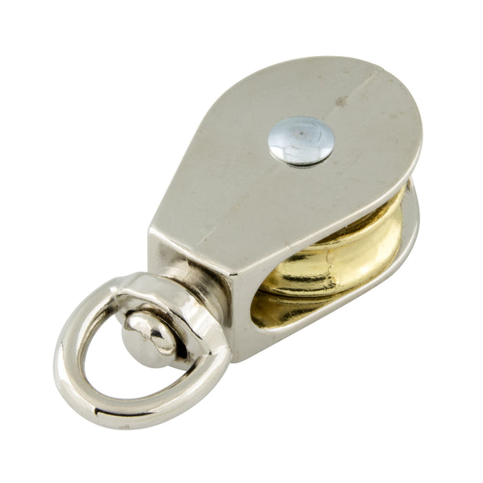 Pulley W/ Swivel Eye for 9/32" Rope DIA., 2-3/8" Oal, 7/16" Swivel Eye ID Die Cast, Nickel Plated Die Cast Brass Plated Wheel by Spaenaur Inc.