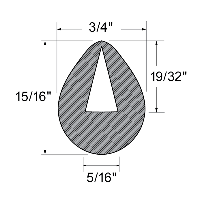 Profilé extrudé incurvé en « U » 15/16 po O/A HT x 3/4 po de largeur x 5/16 po de largeur intérieure, en 50 pi de longueur. EPDM noir, 70 +-5 Duro par Spaenaur Inc.