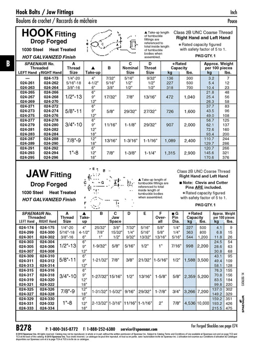Jaw Fitting Right Hand Thread Heat Treated, with Clevis & Cotter Pins 1/2" - 13 UNC x 6" for 9" Take-Up 1030 Steel Drop forged Hot Galvanized Finish