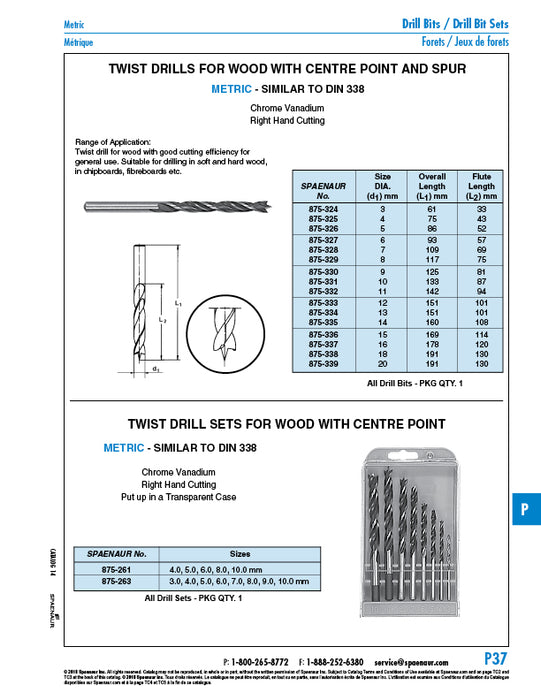 Set Of Twist Drills for Wood (5 Pc) 4,5,6,8,10mm Cv Steel by Spaenaur Inc.