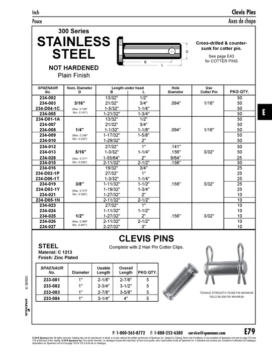 Clevis Pin 3/8" x 3/4" 300 Stainless Steel