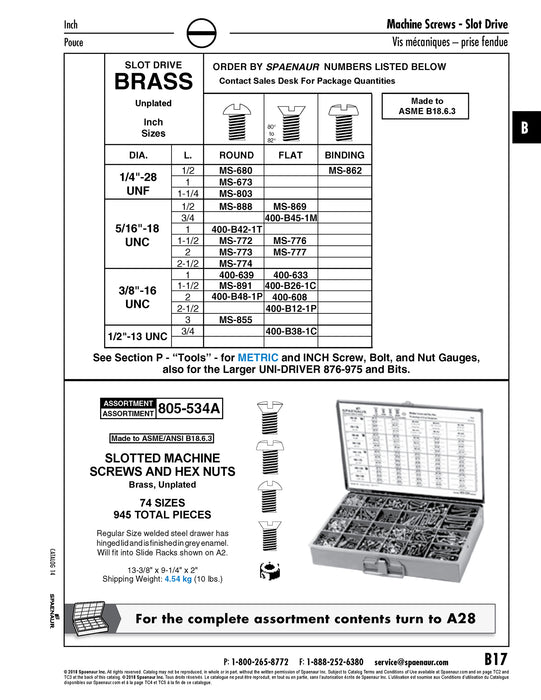 Machine Screw, Round Head, Slotted Drive, 5/16"-18 UNC x 2" Length, Brass Plain by Spaenaur Inc.