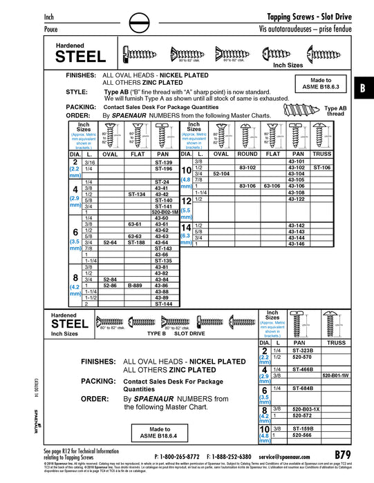 Tapping Screw, Pan Head Slotted Drive, Type B, #8 x 3/8" Length, Steel Zinc Plated by Spaenaur Inc.