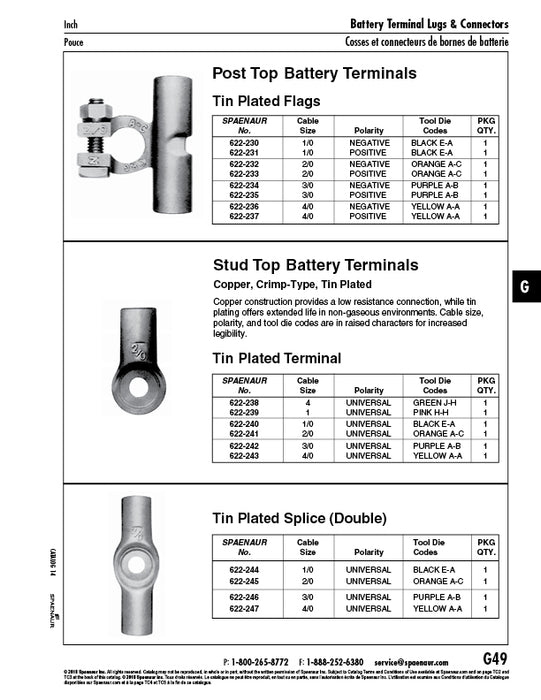 Stud Top Battery Terminal Splice #3/0 Cable, UNIversal Polarity Copper, Tin Plated