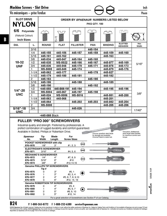 Machine Screw, Hex Slot Head 1/4"-20 UNC x 2" LG Nylon 6/6 Natural