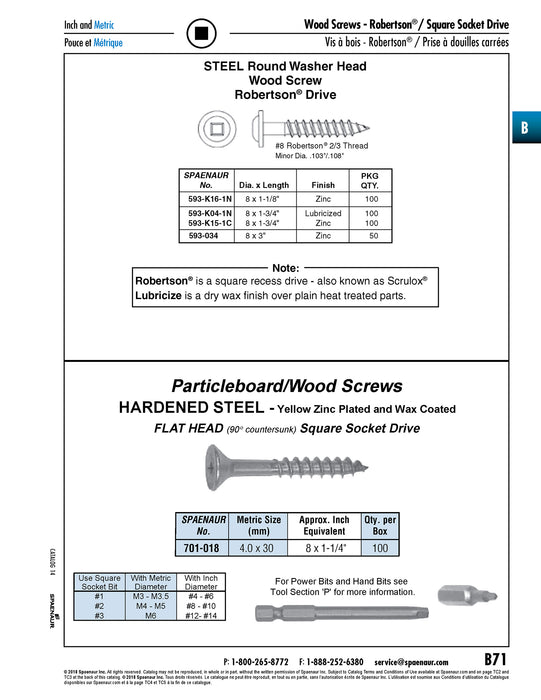 Wood Screw, Round Head, Square Socket, #8 x 3" Length, Steel Zinc Plated, ASME/ANSI B18.6.1