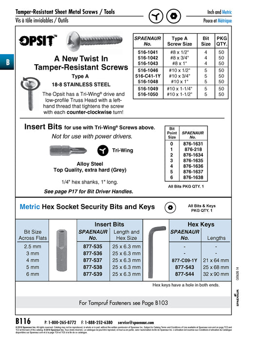 Insert Bit for Pin Hex Socket Security Screw 6mm Across Flats Alloy Steel by Spaenaur Inc.