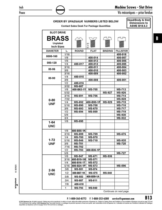 Machine Screw Fillister Slot Head #0-80 UNF x 3/4" Brass ANSI B18.6.3-1972