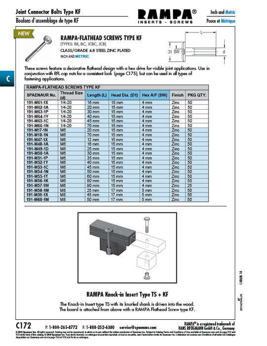 Rampa Flat Head Screws Type Kf with Hex Drive, 15 mm OD Flat HD M6 x 60mm LGTH Class 4.8 Steel Zinc Plated