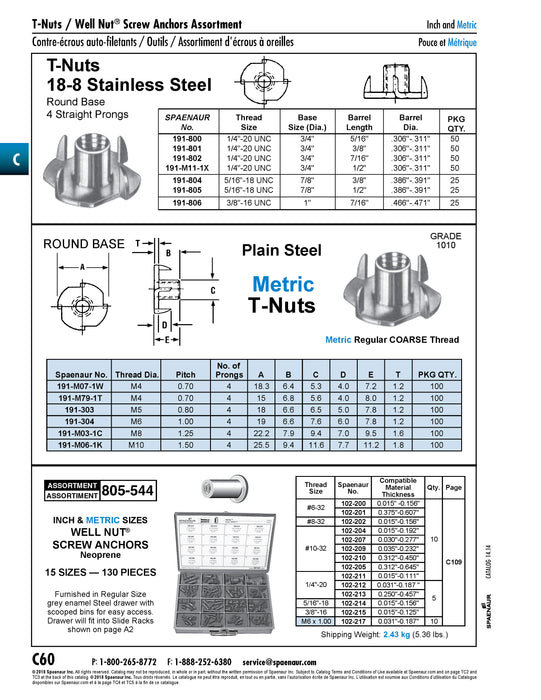 M4 x 0.70P Tee Nut, 4 Prong Round Base 18.3mm DIAm Barrel 5.3mm DIAm x 6.4 LG Steel Plain Finish by Spaenaur Inc.