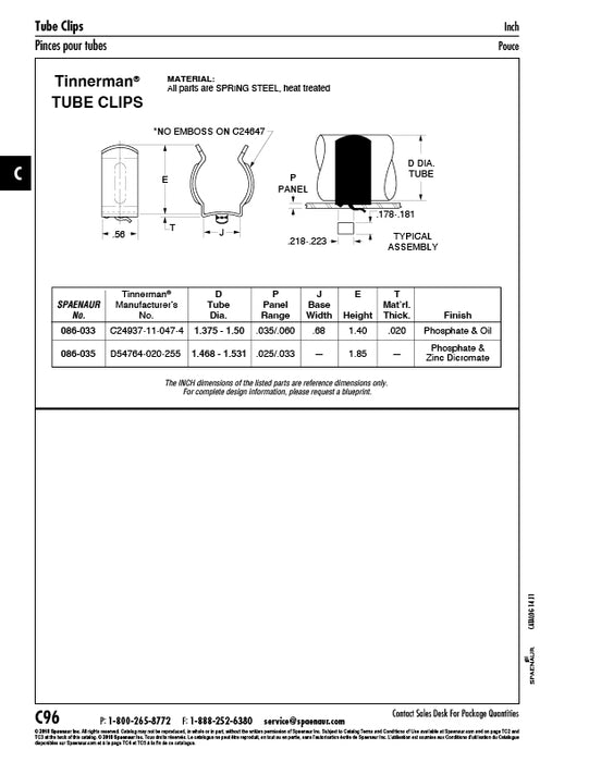 Clip pour tube 1,375 po à 1,50 po de diamètre, acier à ressort, phosphate et huile, par Spaenaur Inc.