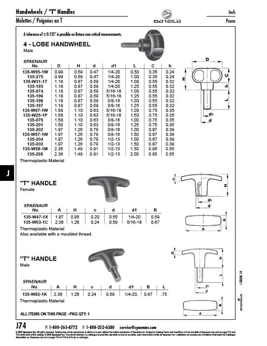 Volant à 4 lobes, filetage mâle, largeur 1,97 po avec goujon 3/8 po-16 x 1 po, hauteur totale 1,26 po Thermoplastique, noir