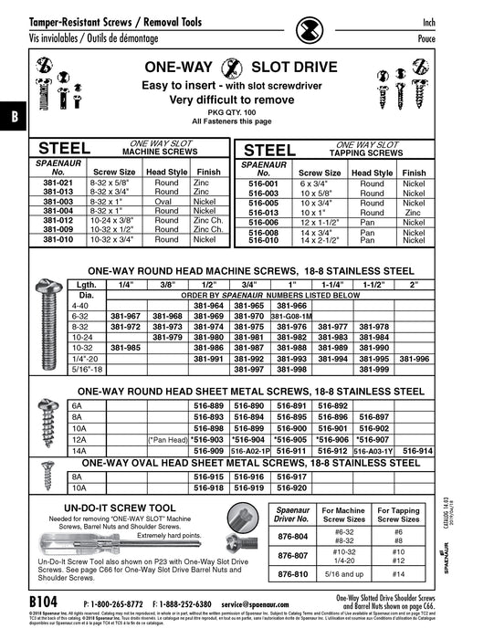 Tamper-Resistant Tapping Screw, Round Head One-Way Slotted Drive, 6A x 1-1/4" Length, Stainless Steel 18-8
