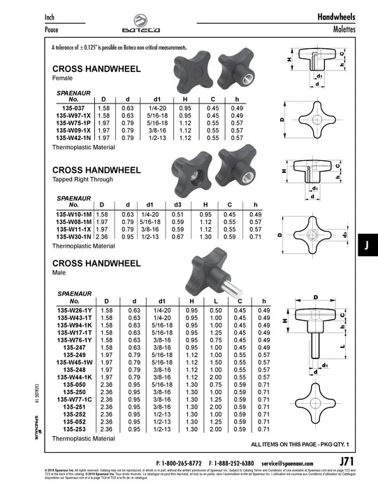 Cross Handwheel, Male Thread 2.36" Width with 1/2"-13 x 1.00" Stud, 2.30" Overall Height Thermoplastic, Black