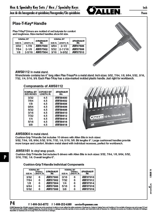 Allen Hex Plas-T-Key Set Inch 10 Pc (3/32"-3/8") 6" LONG Keys Alloy Steel, In Metal Stand