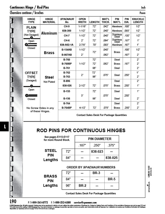 Charnière continue décalée (serrée) avec goupille en laiton, sans trous, articulation de 1", 2 1/2" de largeur extérieure x 72" de longueur totale x 0,075" d'épaisseur minimale x 0,250" d'épaisseur de la goupille en laiton, goupille en acier lisse, fabriquée par Spaenaur Inc.
