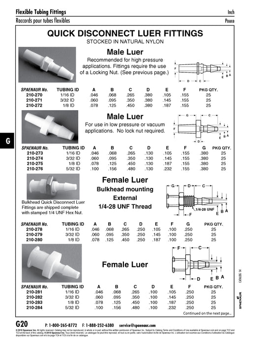 Quick Disconnect Male Luer for 3/32" Tubing ID Nylon