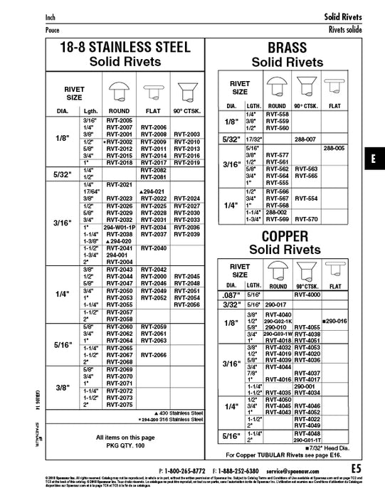 Solid Rivet, Round Head 3/16" DIA x 1" LGTH 18-8 Stainless Steel