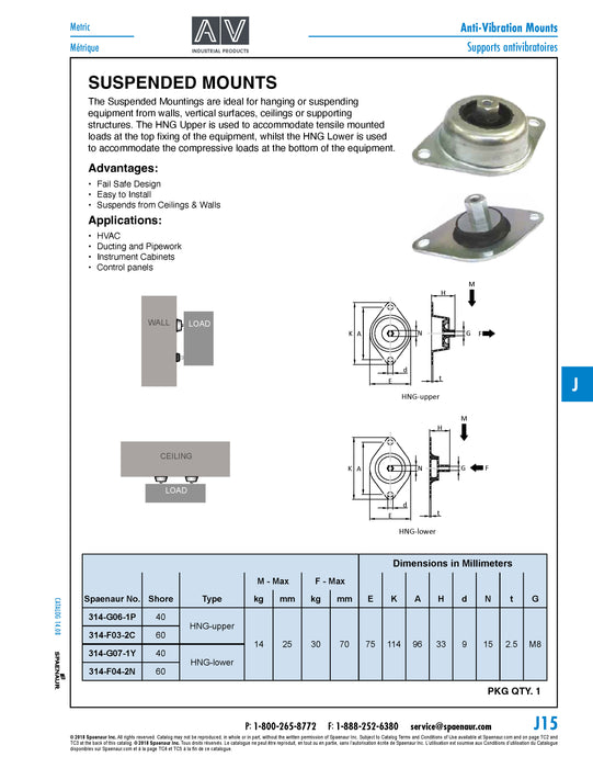 Vt-Upper "A" Anti-Vibration Mount Soft Type 40 Deg. Irh 30 kg Max Compres, M8 Thread Natural Rubber / Steel