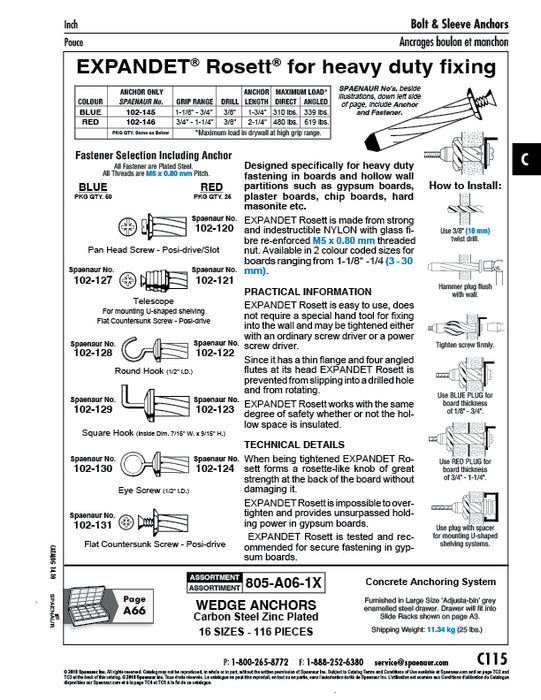 "Rosett" Hollow Wall Anchor Square Hook 3/8" Drill DIA x 1 3/4" LONG Nylon Blue by Expandet®
