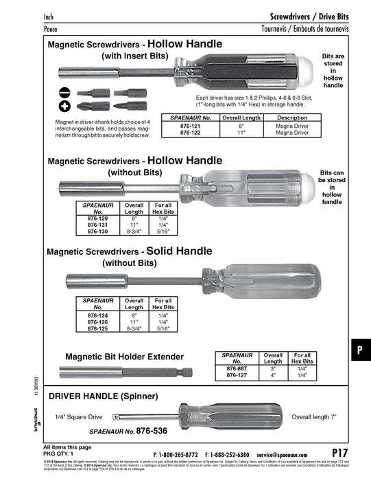 Tournevis magnétique à manche solide sans embouts 8 po (pour embouts 1/4 po)