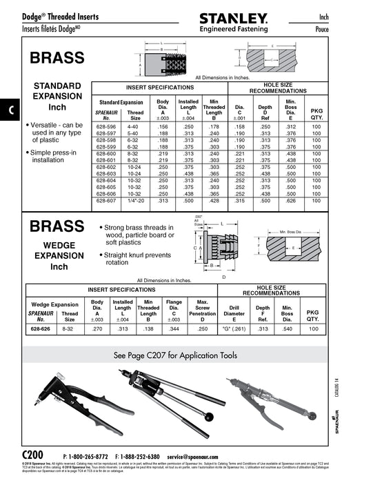 Insert d'expansion standard n° 4-40 UNC x filetage de 0,178 po en laiton