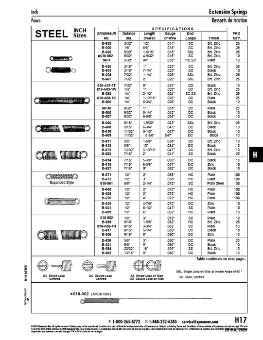 Utility Spring, Extension Type, Double Loop Centred Ends 1/2"OD, 4 7/8"LG O/A, 0.072"GA Wire MB Hrd Drawn Spr STL Wire Zinc PLTD