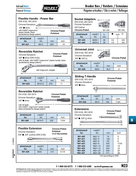 Poignée en T coulissante à entraînement 3/8" - 8" Chrome Vanadium Chromé Poli