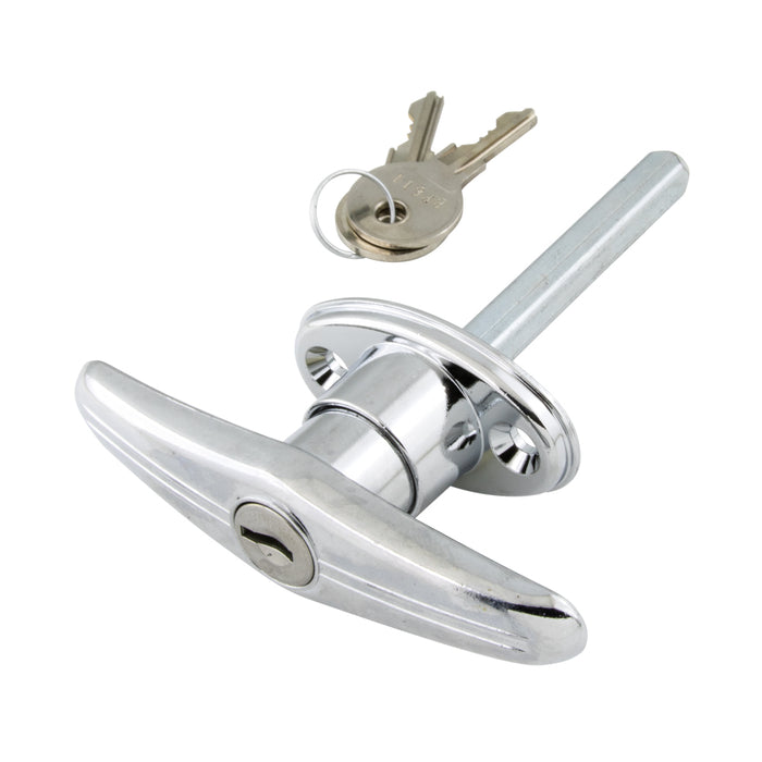 Locking T Handle , 90 Degree Action Locking , Keyed Different 1 1/2" Hole Centres Zinc Base Die-Cast, Chrome Plated. by Spaenaur Inc.