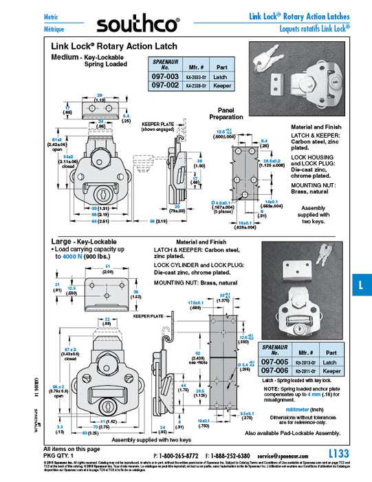 Link Lock Rotary Action Latch Key Lockable 2.561 x 2.11" Die Cast Zinc Chrome Plated by Spaenaur Inc.