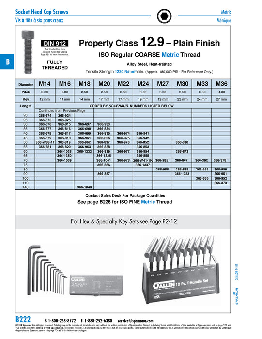 Hex Socket Cap Screw DIN 912 M22 x 2.50 Pitch x 40mm Full Thread CL 12.9 Med Carb Alloy Steel Plain DIN 912/12.9/Full M22X40
