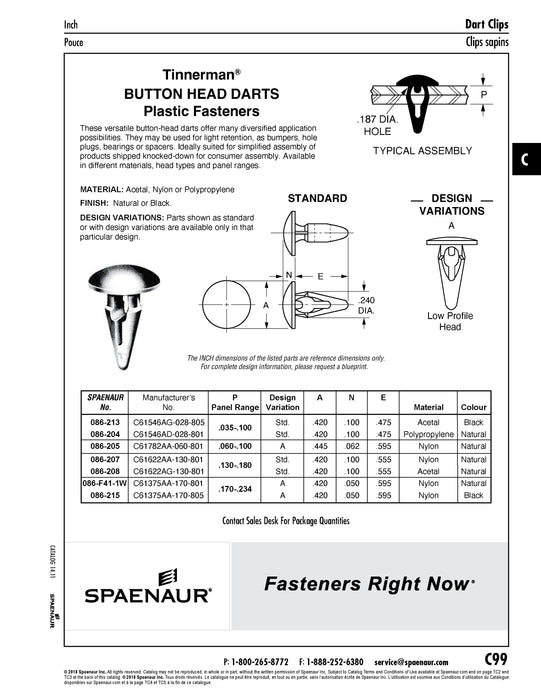 Standard Button Head Dart Fastener, .130-.180" Panel Range Nylon Natural Colour
