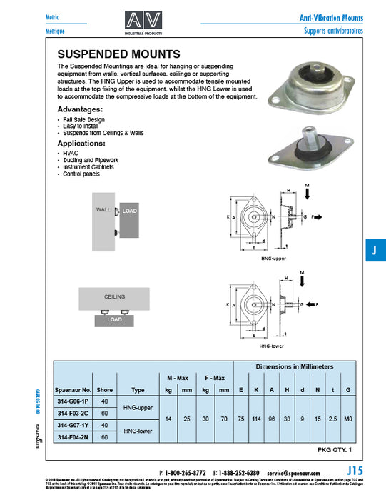 Vt-Upper "A" Anti-Vibration Mount Soft Type 40 Deg. Irh 30 kg Max Compres, M8 Thread Natural Rubber / Steel by Spaenaur Inc.