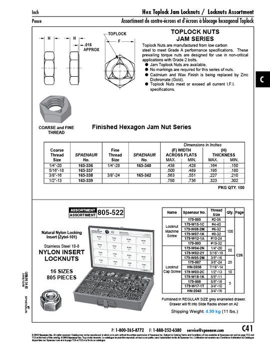 toplock Nut Jam Series 1/2"-13 UNC Low Carbon Steel Zinc Plated by Spaenaur Inc.
