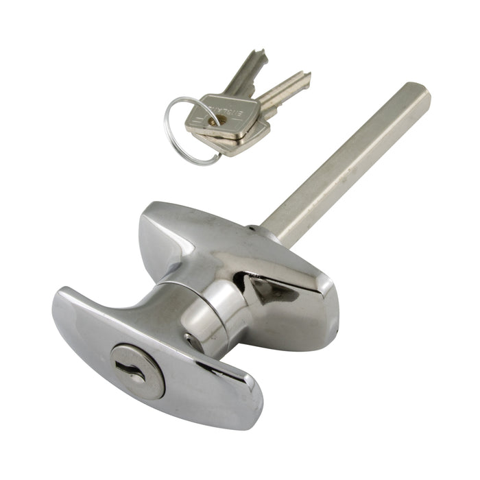 Locking T Handle, Keyed Alike, Fix to Right Edge Of Door 90 Degree Anti-CLockwise Movment Die-Cast Chrome Plated by Spaenaur Inc.