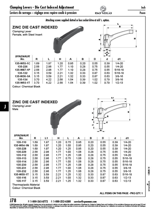 Levier de serrage indexé, filetage mâle, longueur 3,59 po, goujon 1/2 po-13 x 1-1/4 po, hauteur totale 3,46 po, zinc moulé sous pression, noir